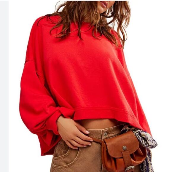 FREE PEOPLE Trish Crew Neck Long Sleeve Sweatshirt Top Red Size Large - Picture 1 of 8